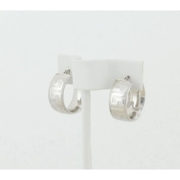 14k White Gold Hollow Lightweight Greek Key Hoop Earrings 3/4" Hoops - Picture 3 of 7